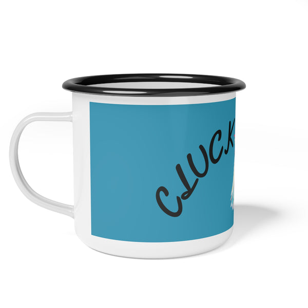 Blue enamel camp mug with black rim, white handle and partial 'Cluck' lettering