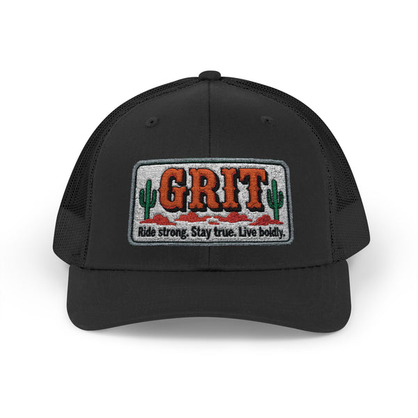 Black front trucker hat with black mesh back and embroidered GRIT logo patch