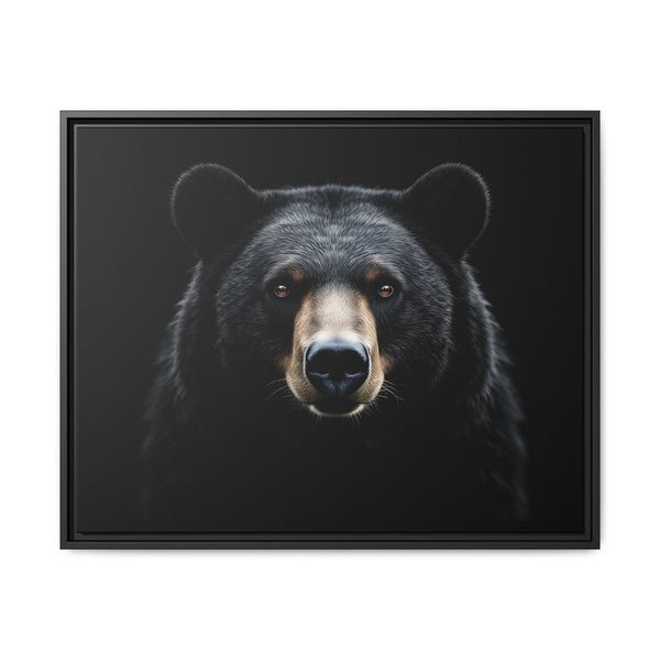 Framed canvas wall art with a black bear head portrait and dark, textured fur