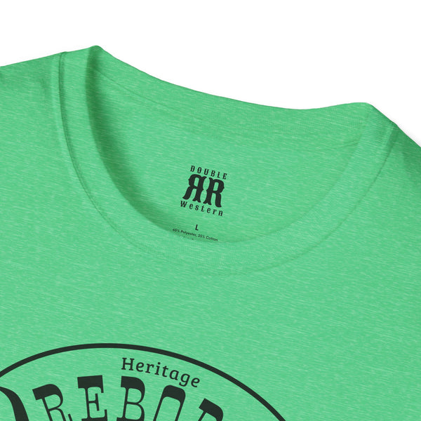 Green crewneck T-shirt with small chest logo patch at neckline and top of graphic