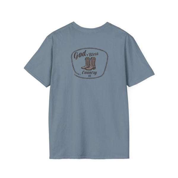 Slate-blue heavy cotton western tee with God Bless Country chest graphic
