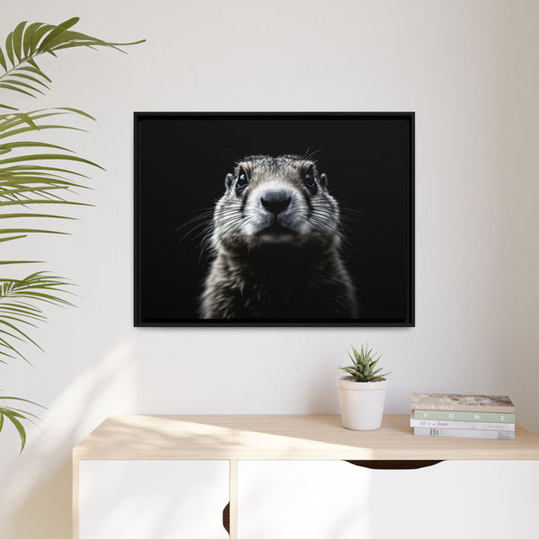 Black framed prairie dog canvas art with a centered close-up face