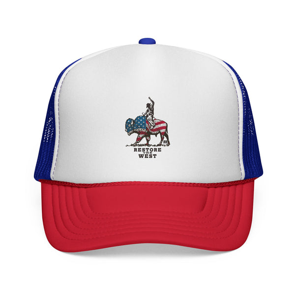 White and red trucker hat with blue mesh sides and Restore West horse graphic