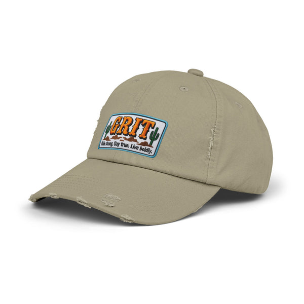 Light olive distressed baseball cap with cactus patch and curved brim, western logo front