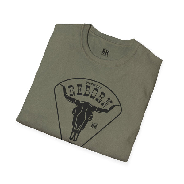 Olive green crewneck T-shirt with large front “HERITAGE REBORN” graphic