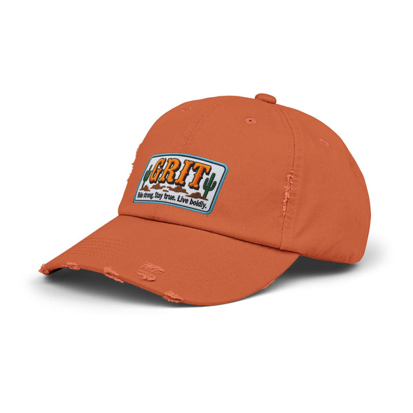 Burnt orange distressed baseball cap with cactus patch and curved brim, western logo front