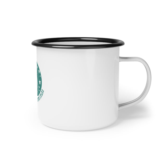 Enamel camp mug with white body, black rim, partial green emblem, and right handle.