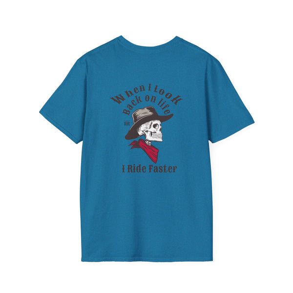 Teal graphic T-shirt with skull cowboy hat graphic and “Ride Faster” text on front