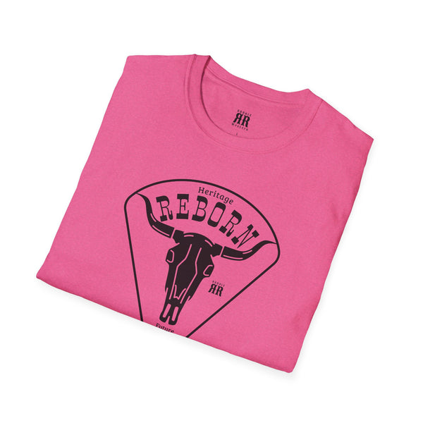 Magenta crewneck t-shirt with REBORN Heritage cowboy graphic