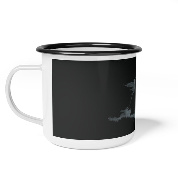 Black enamel camp mug with black rim, partial horse graphic, white handle and base