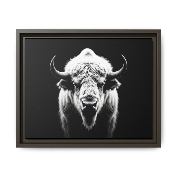 Framed bison art print with bull portrait, dark brown frame
