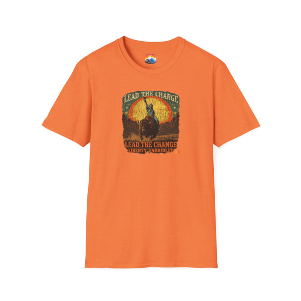Orange crew-neck T-shirt with buffalo graphic and vintage-style lettering