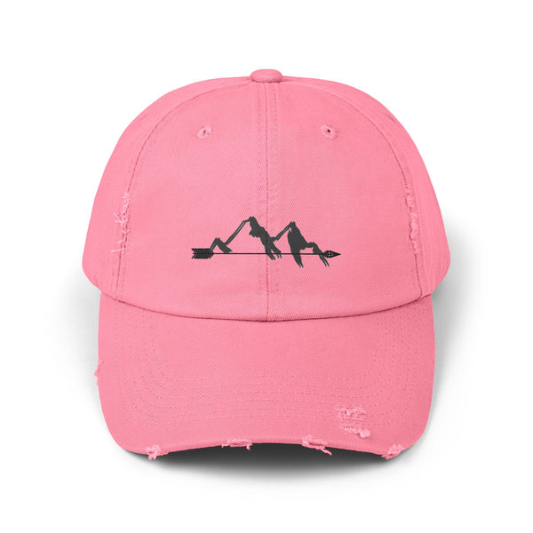 Double R Western Arrowhead Peaks Western Wear Distressed Dad Hat, front view, True Pink