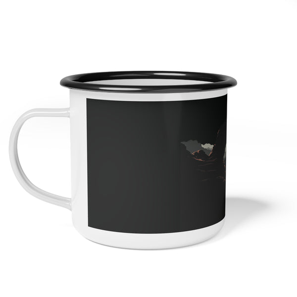 Enamel camp cup with black rim, black body and arch landscape print, white handle and base