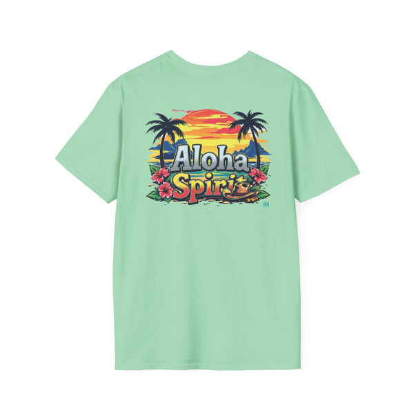 Men's mint green western graphic T-shirt with colorful Aloha Spirit front print