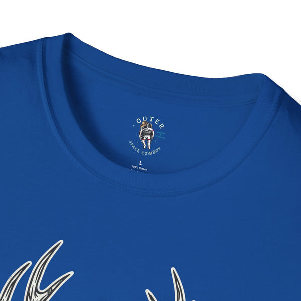 Royal blue crewneck T-shirt with 'Outer Space Cowboy' chest emblem