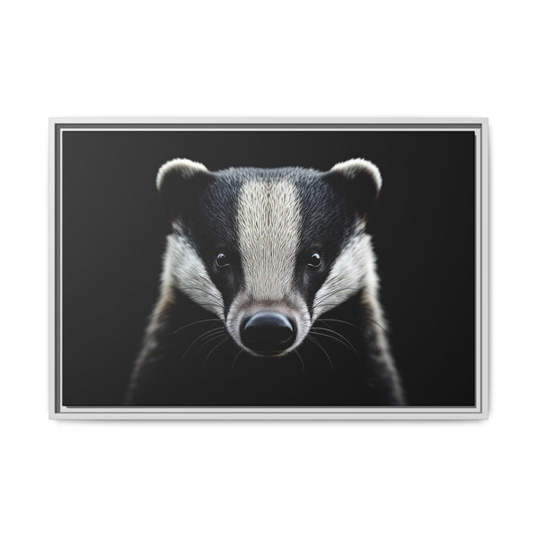 Framed badger canvas wall art with black and white portrait, silver frame