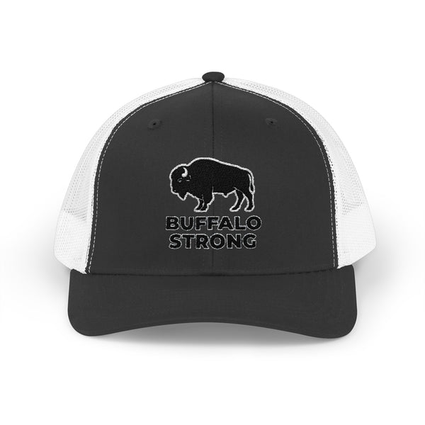 Black western trucker hat with white mesh sides, Buffalo Strong logo