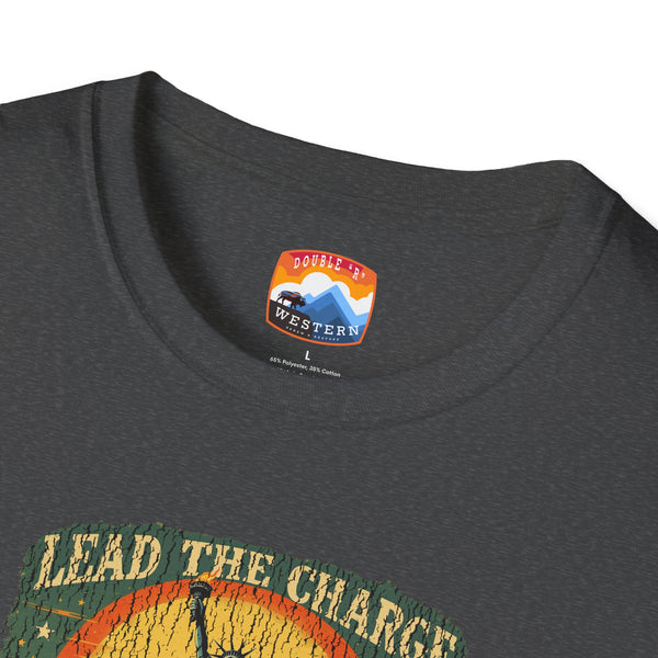 Charcoal crew-neck T-shirt with Western logo patch and partial graphic at hem.