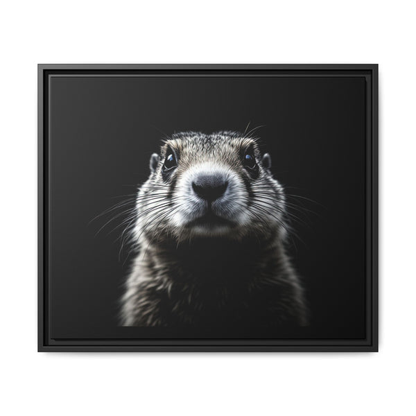 Framed canvas wall art with prairie dog portrait, black frame, front view