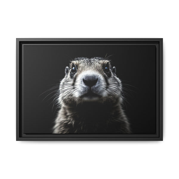 Framed canvas wall art with prairie dog portrait, black frame