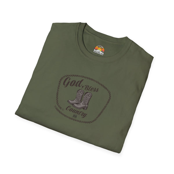 Military green crew-neck T-shirt with oval cowboy boot graphic