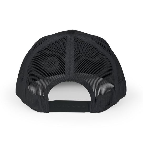 Black mesh trucker hat with curved brim and dark adjustable strap