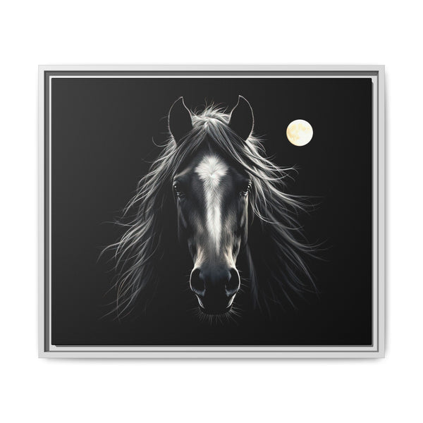 Framed canvas wall art of a black horse with full moon, light gray frame