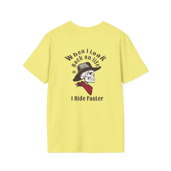 Yellow crew-neck graphic T-shirt with back skull hat and “I Ride Faster” text