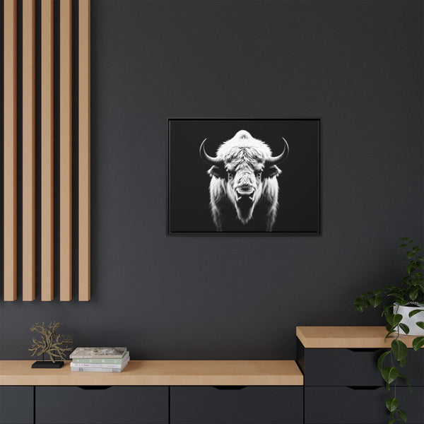 Small framed bison head wall art with white-and-black portrait, dark background