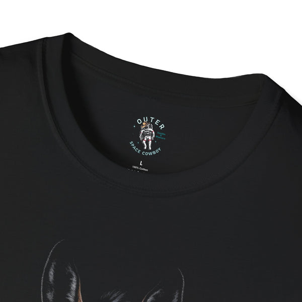 Black T-shirt with crew neck label and partial donkey graphic
