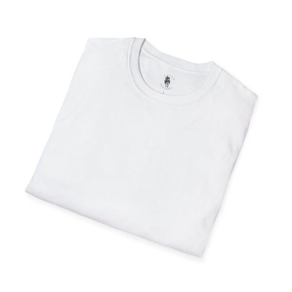White crewneck T-shirt with small chest logo graphic