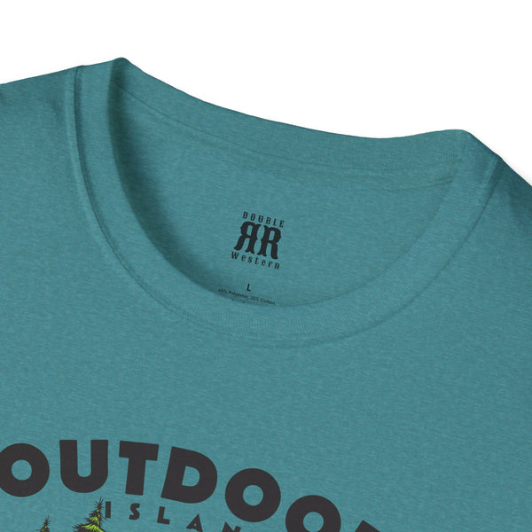 Teal T-shirt with crew neckline and small RR Western logo at the collar
