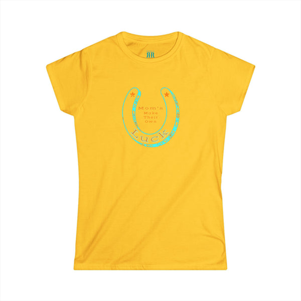 Double R Western Mom’s Make Their Own Luck t-shirt, daisy yellow, front view, horseshoe western graphic