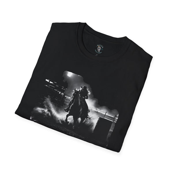 Black barrel racing tee, cowboy on horse graphic across the chest.