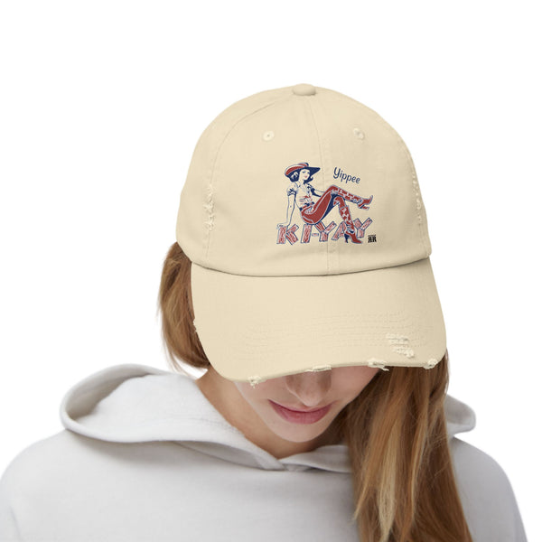 Yippie Ki-Yay Western Wear Distressed Dad Hat in Stone, front design detail