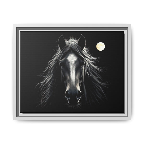 Gray/silver framed canvas art: monochrome horse head with bright moon