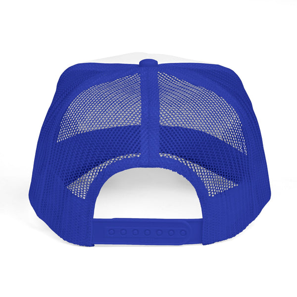 Trucker hat back view with blue mesh panels and snapback strap, no visible front logo