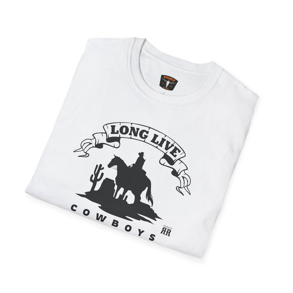 White graphic T-shirt with cowboy on horse silhouette and Long Live Cowboy slogan