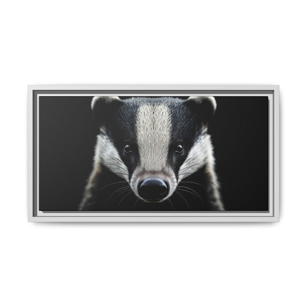 Framed wall canvas art featuring a close-up badger face, gray frame