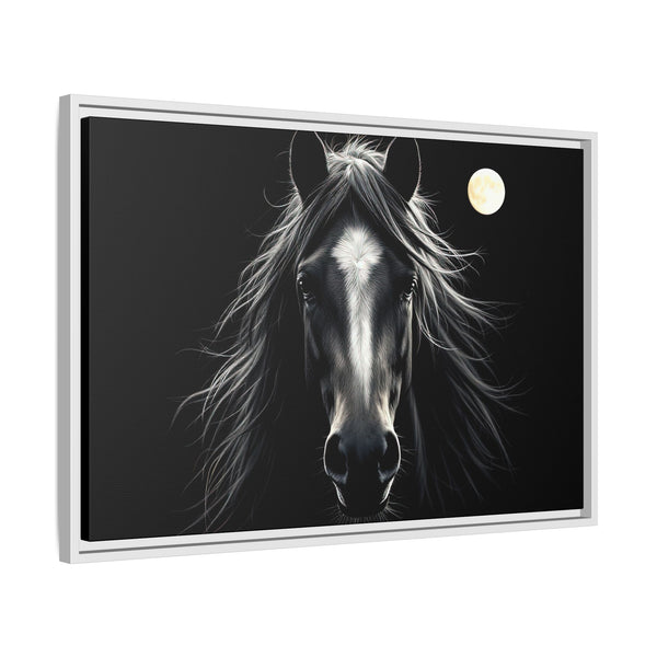 White-framed western canvas art with a black-and-white horse and moon