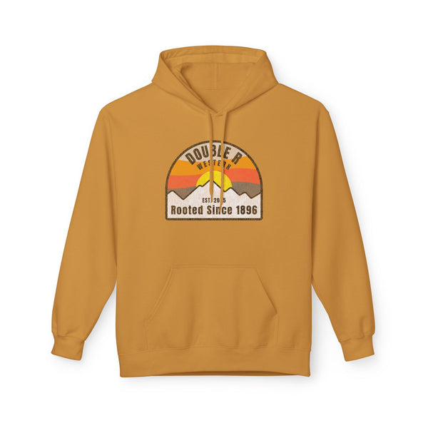 Mustard yellow western hoodie with front chest graphic logo and kangaroo pocket