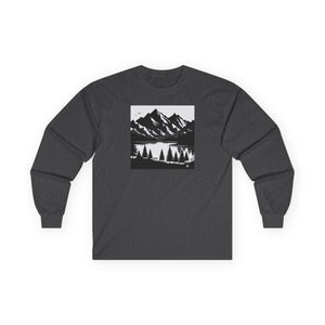 Charcoal long sleeve T-shirt with mountain and pine landscape graphic on front