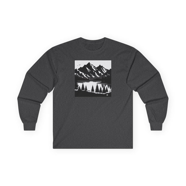 Charcoal long sleeve T-shirt with mountain and pine landscape graphic on front