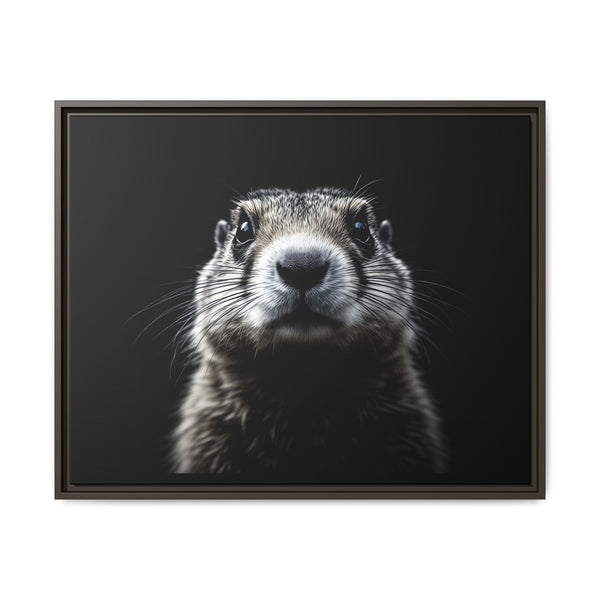 Framed western canvas art of a black-and-white prairie dog portrait, dark frame