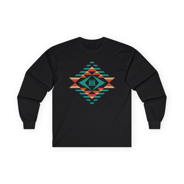 Black long sleeve western tee with multicolor geometric diamond graphic on chest