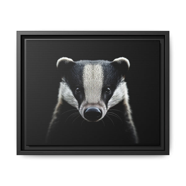 Framed western canvas wall art of a badger face, black frame