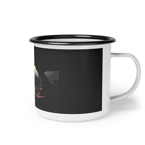 Side view enamel camp cup with black rim, arch landscape print, white handle and base