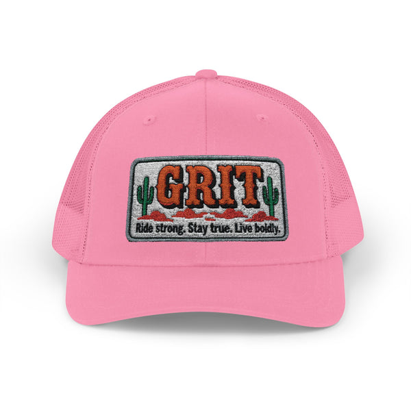 Pink front trucker hat with pink mesh back and embroidered GRIT logo patch