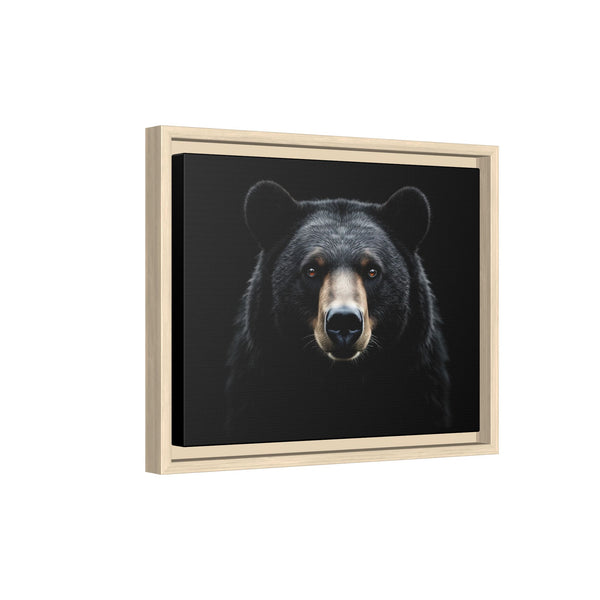 Framed canvas bear wall art with a dark bear face portrait in a light wood frame